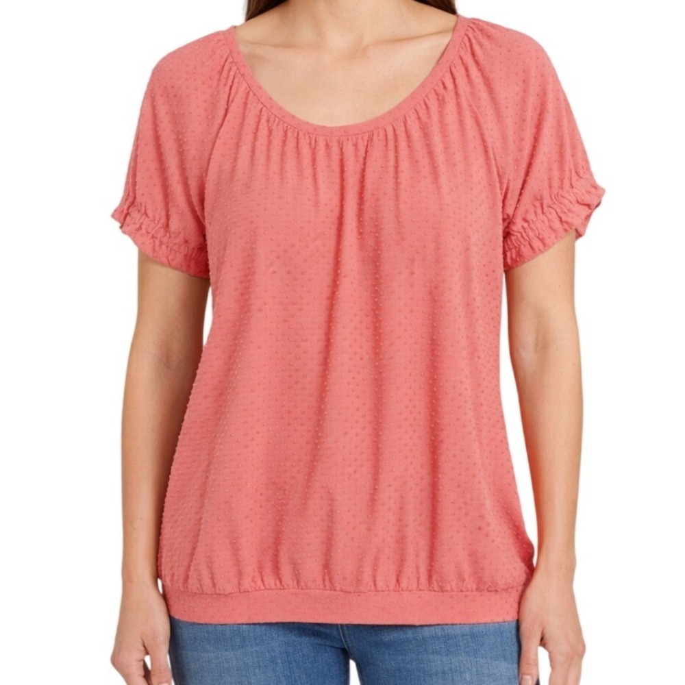 LOFT NWT Women Coral Pink‎ Swiss Dot Short Puff Sleeve Blouse Top Size M